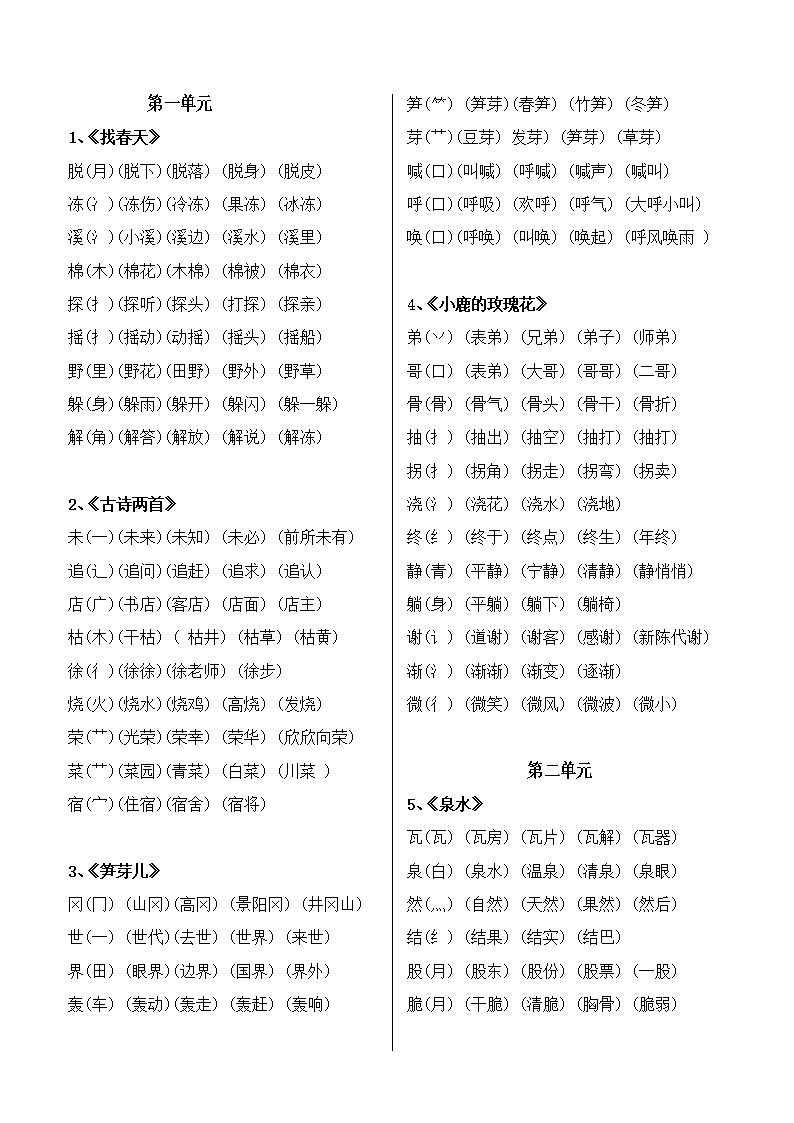 二年级语文下册生字组词(二年级语文下册生字组词大全人教版)